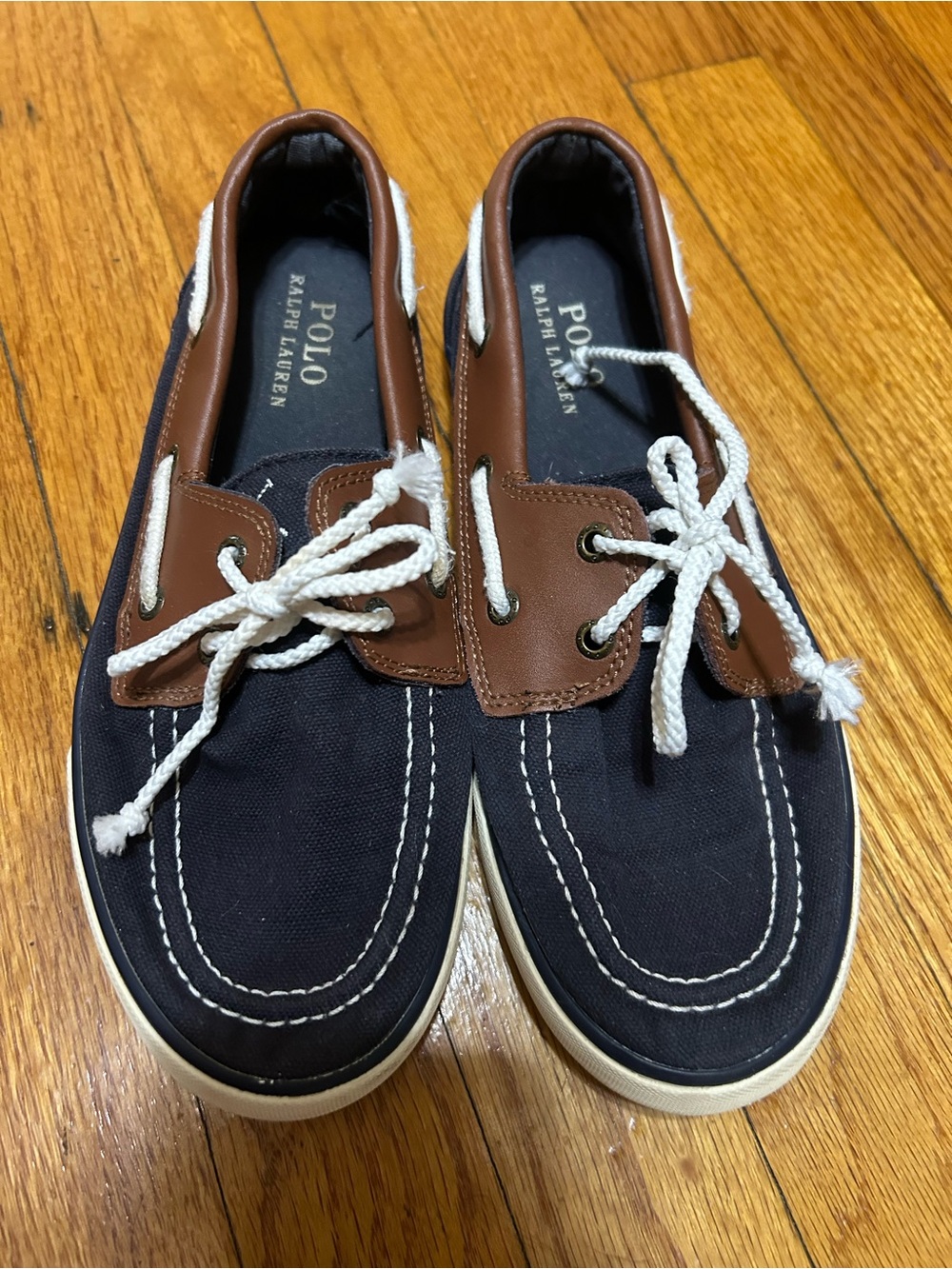 POLO By Ralph Lauren Canvas Womens Loafer Moccasin Navy Brown Leather Size 5